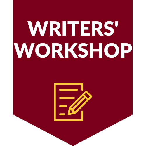 maroon flag with "Writers'  Workshop" and a small icon of paper and pencil